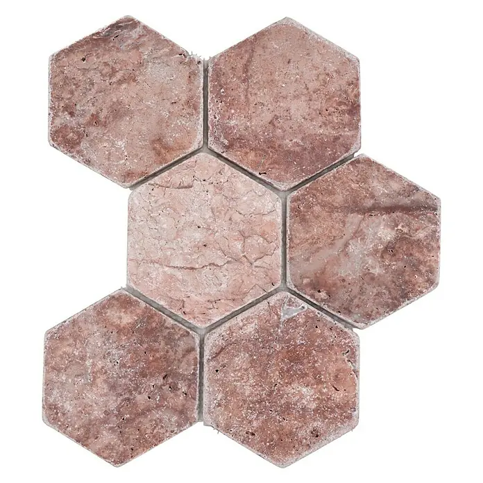 Mosaikfliese Hexagon XNT HX145 - 19,9 x 26,2 cm, Walnuss, Matt - Sechseckige, rötliche Natursteinfliesen, die ein rustikales und warmes Ambiente vermitteln. Ideal für Akzente in Bad oder Küche.