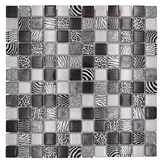 Mosaikfliese Quadrat Crystal Wildlife XCM WL24 - 29,8 x 29,8 cm, Schwarz, Glänzend - Quadratische Fliesenmatte mit Tiermuster. Das Mosaik zeigt Zebra-, Leoparden-, Krokodilmuster in Schwarz-, Weiß- und Grautönen.