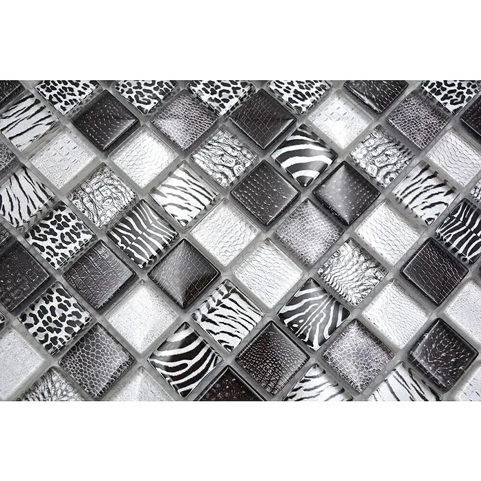 Mosaikfliese Quadrat Crystal Wildlife XCM WL24 - 29,8 x 29,8 cm, Schwarz, Glänzend - Mosaikfliesen mit verschiedenen Tierdrucken in Schwarzweiß. Einzigartige Dekoration für Ihr Zuhause mit stilvollen Fliesen.