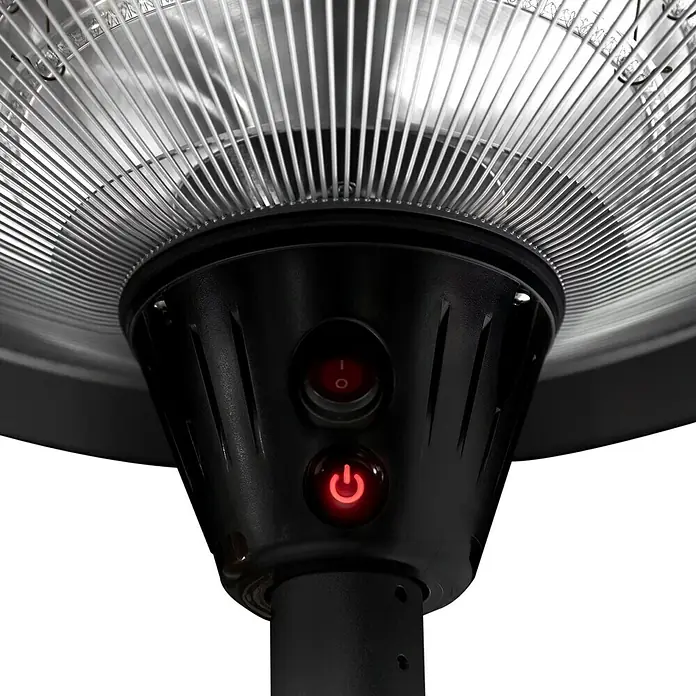 Halogen-Heizstrahler - Höhe: 205 cm, 2.100 W, Höhenverstellbar - Nahaufnahme einer Heizstrahler-Basis mit Schaltern und roter Betriebsanzeige für den Außenbereich.
