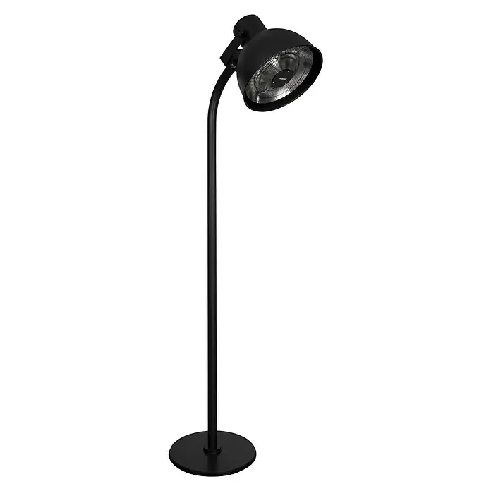 Hoberg Infrarot-Heizstrahler - Schwarz - Eine Stehlampe mit einem runden Sockel und einem verstellbaren Lampenkopf, ideal für gezielte Beleuchtung.