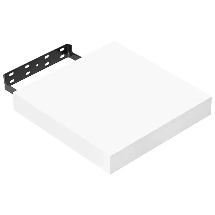 Regalux Estante flotante - L x An x Al: 23,5 x 24 x 3,8 cm, Blanco de alto brillo, Carga soportada: 5 kg - Primer plano de un estante flotante blanco con un soporte negro para la instalación en la pared. Una solución de almacenamiento versátil.