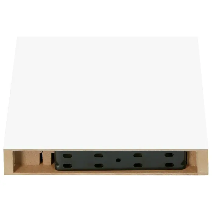 Regalux Estante flotante - L x An x Al: 23,5 x 24 x 3,8 cm, Blanco de alto brillo, Carga soportada: 5 kg - Primer plano de un cajón de madera blanca con un deslizador metálico negro para un movimiento suave. Ideal para proyectos de muebles y aficionados al bricolaje.