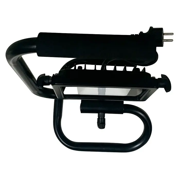 Profi Depot LED-Strahler - 10 W, 1.600 lm, 4.000 K, L x B x H: 17,3 x 16,7 x 27,8 cm, IP65 - Nahaufnahme einer tragbaren Arbeitsleuchte mit schwarzem Metallrahmen und Griff.