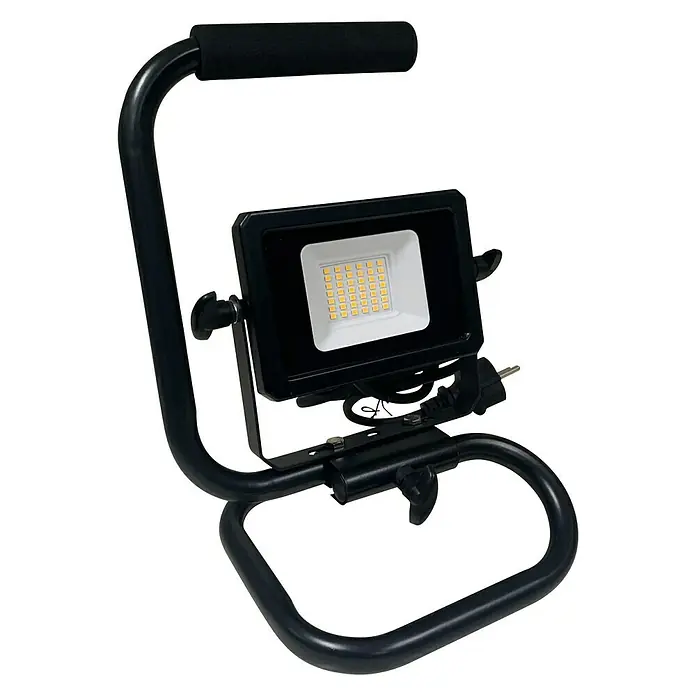 Profi Depot LED-Strahler - 10 W, 1.650 lm, 4.000 K, L x B x H: 17,3 x 16,7 x 27,8 cm, IP65 - Nahaufnahme einer tragbaren LED-Arbeitsleuchte mit schwarzem Rahmen und Griff für den einfachen Transport.