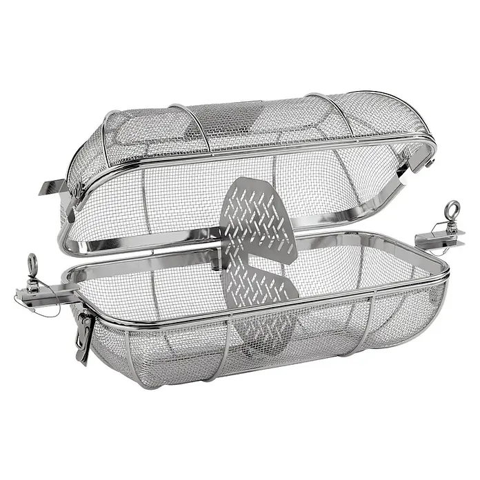 Weber Crafted Drehspießkorb - Edelstahl - Ein offener, silberfarbener Grillkorb aus Drahtgeflecht mit Griffen und einem silberfarbenen Trennelement in der Mitte.