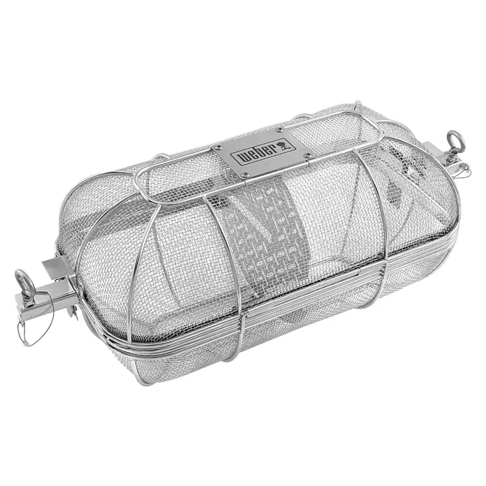 Weber Crafted Drehspießkorb - Edelstahl - Produktaufnahme eines Weber Grillkorbs, ideal zum gleichmäßigen Garen von Gemüse und kleinen Speisen auf dem Grill.