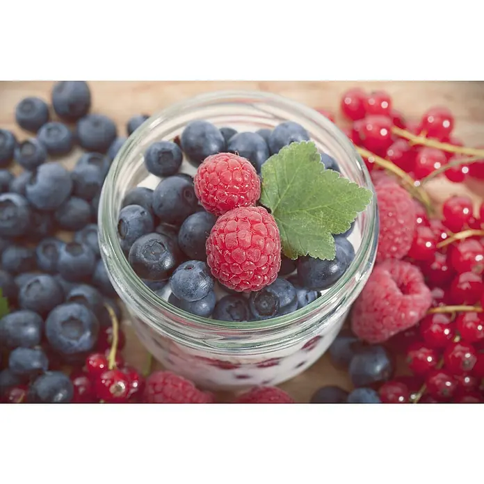 Piardino Bio HimbeereRubus idaeus 'Heritage', Topfgröße: 19 cm, Erntezeit: August - Eine Nahaufnahme eines Glases gefüllt mit Blaubeeren, Himbeeren und Johannisbeeren, ein köstliches und gesundes Dessert oder Snack.