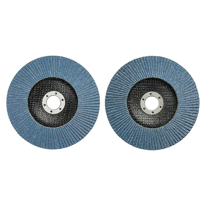 Einhell Fächerscheibe - Durchmesser Scheibe: 150 mm - Zwei blaue Schleifscheiben mit radial angeordneten Schleifblättern und einer zentralen Aufnahme für Winkelschleifer.