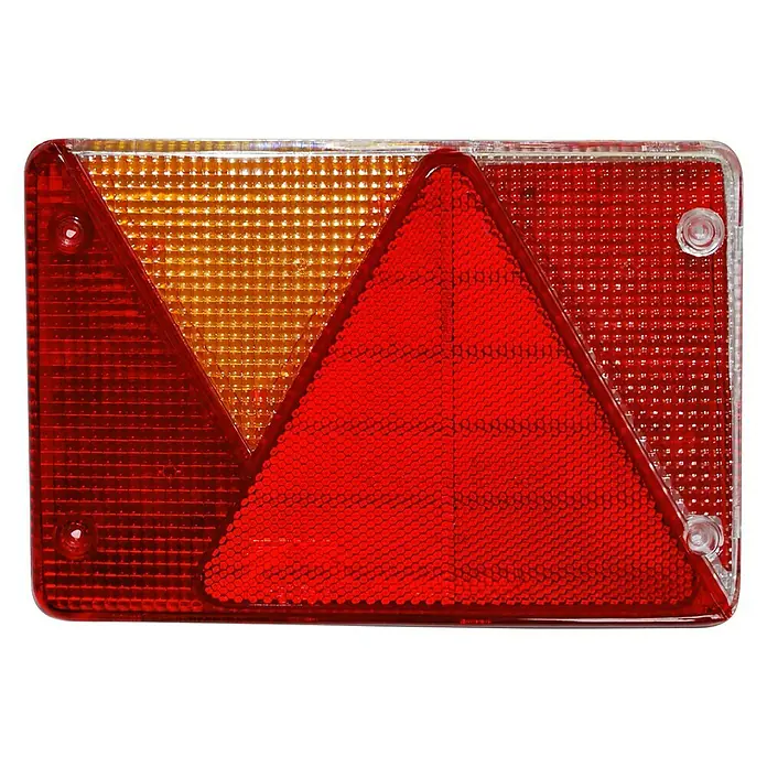 Stema Leuchtenglas für Multipoint IV - Links, Passend für: Multipoint IV - Nahaufnahme einer rechteckigen Anhängerleuchte mit dreieckigem Reflektor, kombiniert mit gelben und roten Signalfeldern für erhöhte Sichtbarkeit.