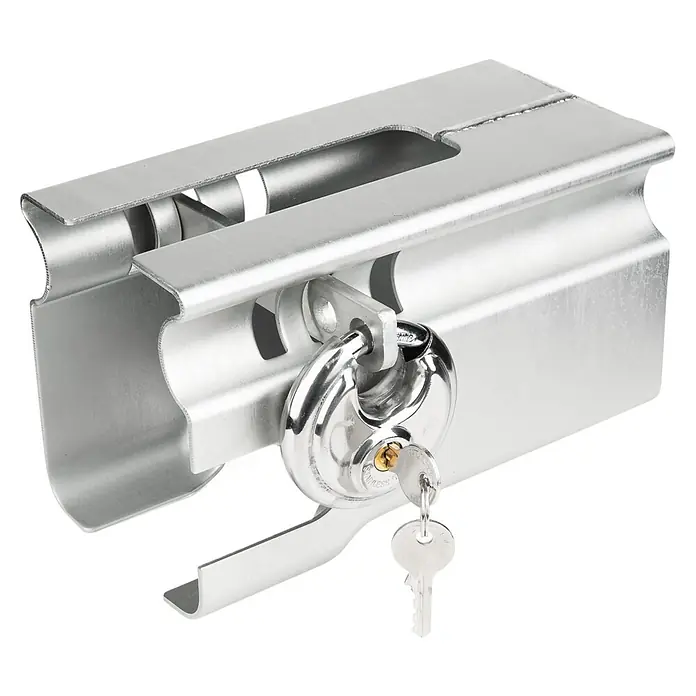 Stema Diebstahlsicherung Safety-Box II - Geeignet für: PKW-Anhänger - Ein silbernes Vorhängeschloss mit Schlüssel, befestigt an einem silbernen Metallriegel, der für Sicherheit sorgt.