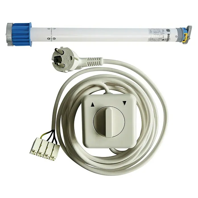 Solid Elements Markisenmotor - Passend für: Solid Elements Teilhülsenmarkisen Solid, Ausstattung: Aufputzschalter - Produktansicht eines Rollladenmotors mit zugehörigem Steuergerät und Anschlusskabel, ideal für die Automatisierung im Haus.