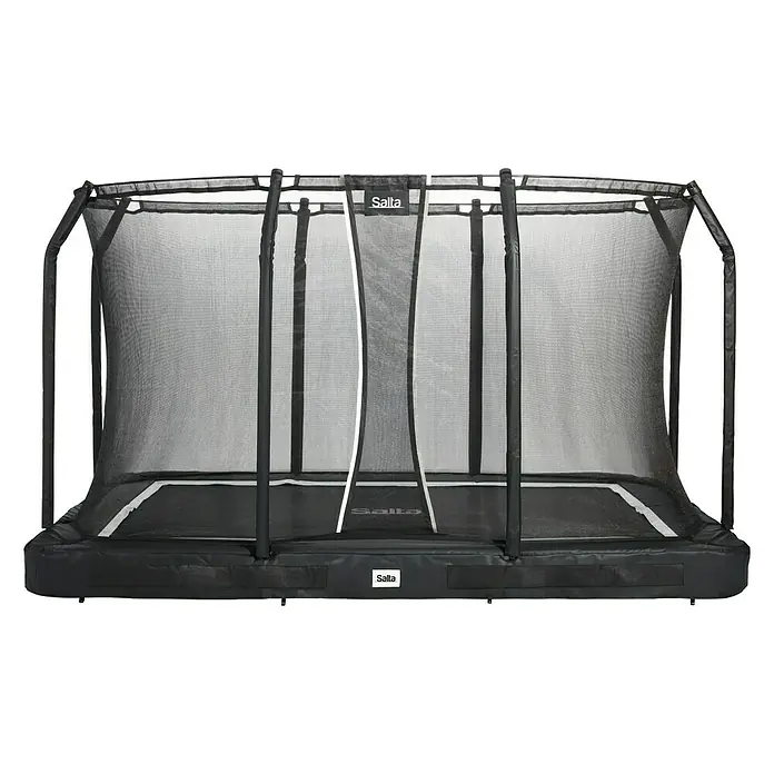 Salta Trampolin Premium Ground - Schwarz, 214 x 153 cm - Ein rechteckiges Salta-Trampolin mit Sicherheitsnetz vor schwarzem Hintergrund. Ideal für sicheren Springspaß im Garten.