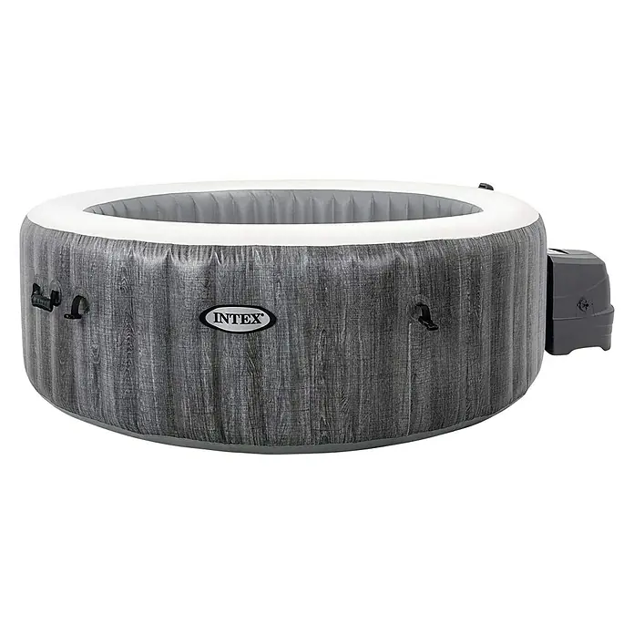 Intex Pure Spa Hidromasaje móvil Greywood Deluxe - Ø x Al: 196 x 71 cm, Gris/Blanco, 795 l - Un jacuzzi inflable Intex con diseño de madera gris y panel de control integrado para momentos de relax en el jardín o en la terraza.