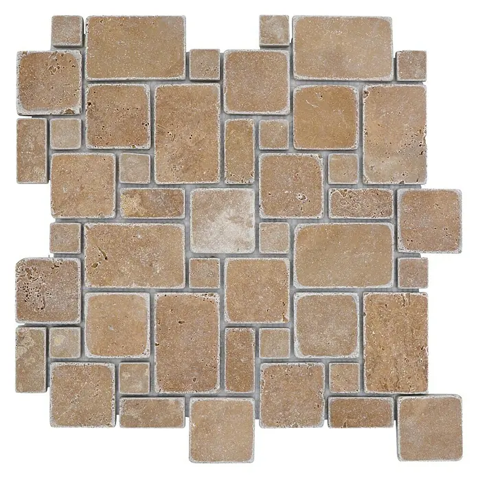 Mosaikfliese Mini Pattern XNT FP44 - 30,5 x 30,5 cm, Beige/Braun, Matt - Beige Travertin Mosaikfliese mit verschiedenen rechteckigen und quadratischen Formen für Wand- und Bodenbeläge.