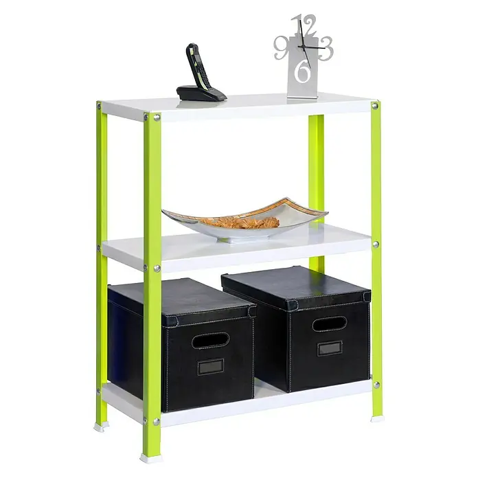 Simonrack Simonhome Metallregal Classic Mini - H x B x T: 90 x 80 x 30 cm, Traglast pro Boden: 100 kg, Anzahl Böden: 3 Stk., Schrauben, Grün/Weiß - Ein Regal mit einem weißen Tischbrett und hellgrünen Beinen mit zwei schwarzen Kisten, einer Dekoschale und einem silbernen Telefon oben.
