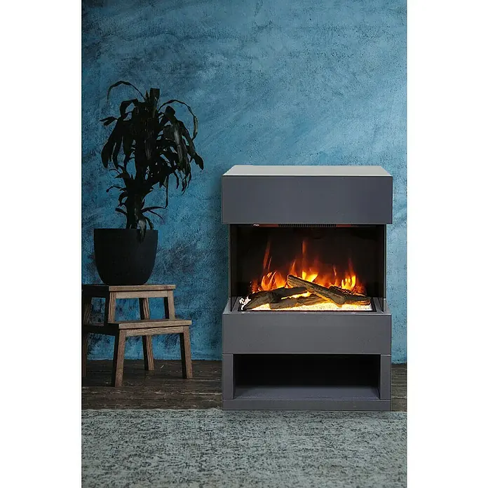 Voltomat HEATING Chimenea eléctrica Malmo - 1.500 W, Antracita, 25,1 x 55,6 x 76 cm - Esta imagen muestra una moderna chimenea gris con llamas simuladas, creando un ambiente cálido en cualquier habitación.