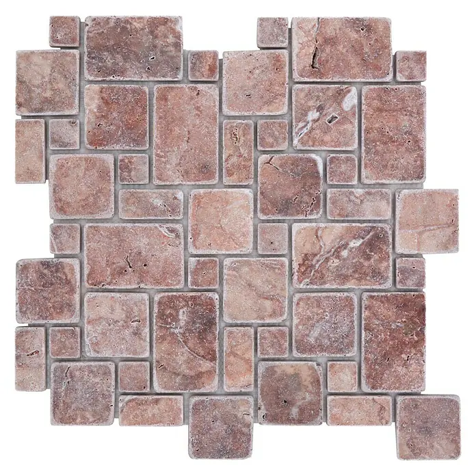 Mosaikfliese Mini Pattern XNT FP45 - 30,5 x 30,5 cm, Rot, Matt - Nahaufnahme eines Musters aus roten Steinmosaikfliesen, ideal für Badezimmer- oder Küchenrückwände, und verleiht jedem Raum einen Hauch von rustikalem Charme.