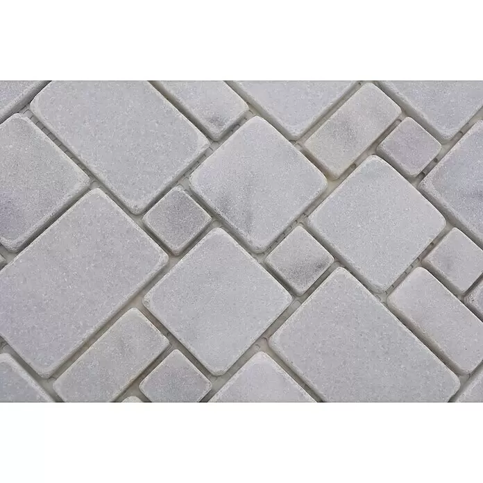 Mosaikfliese Mini Pattern XNT FP42 - 30,5 x 30,5 cm, Weiß/Grau, Matt - Weiße Marmor-Mosaikfliesen mit rechteckigen und quadratischen Elementen und abgerundeten Kanten auf Netzträger.