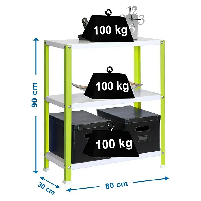 Simonrack Simonhome Metallregal Classic Mini - H x B x T: 90 x 80 x 30 cm, Traglast pro Boden: 100 kg, Anzahl Böden: 3 Stk., Schrauben, Grün/Weiß - Dreistufiges Regal mit einer Gesamttragkraft von 300 kg. Die Abmessungen sind 90 cm Höhe, 80 cm Breite und 30 cm Tiefe.