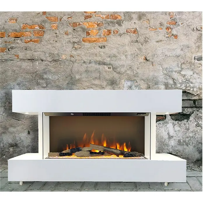 Voltomat HEATING Elektrischer Kamin Göteborg - 1.500 W, Weiß, 26,4 x 120 x 65 cm - Moderner, weißer Elektrokamin mit simulierten Flammen und Holzscheiten vor einer Ziegelwand. Schafft eine gemütliche Atmosphäre.