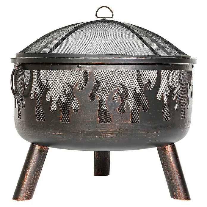 Buschbeck Feuerschale Faya - Durchmesser: 53 cm, Eisen - Abbildung einer Feuerstelle mit Flammenmuster und einem Netzdeckel. Ideal für gemütliche Abende im Freien.