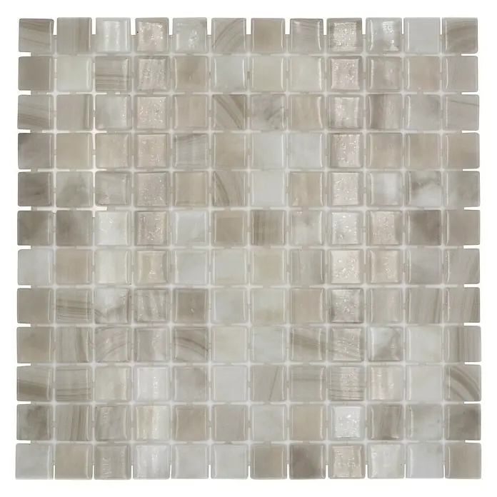 Mosaikfliese Quadrat Eco Seasalt VP56251PUR - 31,6 x 31,6 cm, Mix Hellbeige, Glänzend - Nahaufnahme eines quadratischen Mosaiks mit kleinen, quadratischen, beigen und weißen Fliesen für ein elegantes Design.