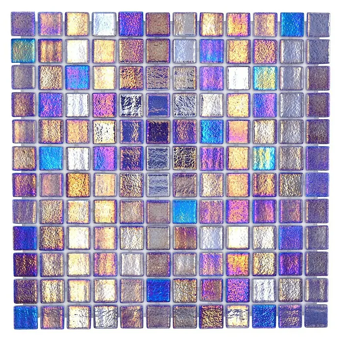 Mosaikfliese Quadrat Eco Shell Saphire VP55255PUR - 31,6 x 31,6 cm, Duneklblau, Glänzend - Quadratisches Mosaikmuster mit schillernden blauen, goldenen und violetten Farbtönen, ideal für stilvolle Wand- und Bodengestaltungen.