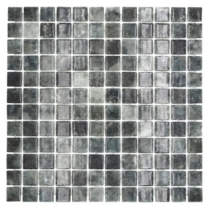 Mosaikfliese Quadrat Eco Jungle VP56253PUR - 31,6 x 31,6 cm, Grün, Glänzend - Nahaufnahme eines quadratischen Mosaikfliesen-Musters in verschiedenen Grautönen, ideal für moderne Innenräume und stilvolle Akzente.