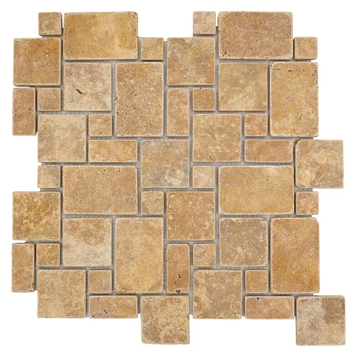 Mosaikfliese Mini Pattern XNT FP5130,5 x 30,5 cm, Gold, Matt - Mosaikfliesen aus Travertin in verschiedenen Größen, die ein rustikales und elegantes Muster für Innenräume bilden.
