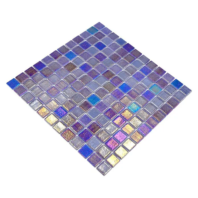 Mosaikfliese Quadrat Eco Shell Saphire VP55255PUR - 31,6 x 31,6 cm, Duneklblau, Glänzend - Quadratische Mosaikfliese mit schillernden Farbverläufen von Gold über Violett bis Blau, ideal für dekorative Akzente.