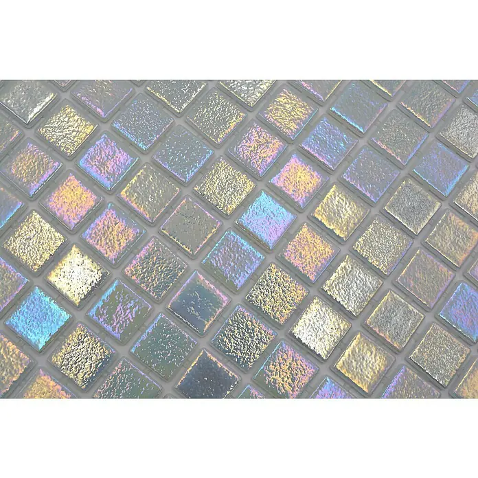 Mosaikfliese Quadrat Eco Shell Mystic VP55254PUR - 31,6 x 31,6 cm, Perlmut, Glänzend - Detailaufnahme eines Mosaiks aus schillernden, quadratischen Glasfliesen, ideal für elegante und moderne Innenräume.
