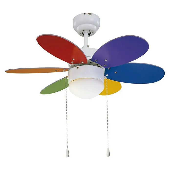 Sulion Ventilador de techo Rainbow - Multicolor, 76 cm, 40 W - Primer plano de un ventilador de techo colorido con seis aspas en colores del arcoíris y una luz blanca en el centro.