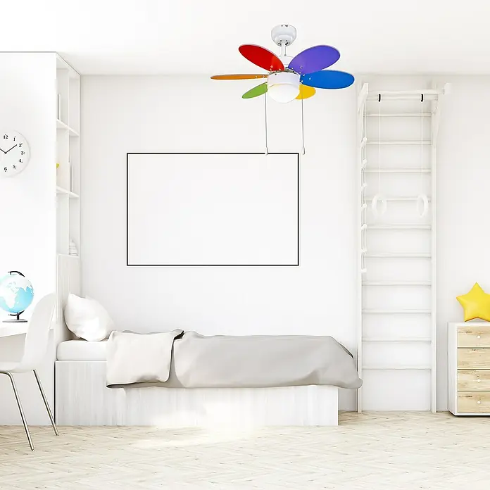 Sulion Ventilador de techo Rainbow - Multicolor, 76 cm, 40 W - Habitación infantil con un ventilador de techo colorido y una cama. Ideal para crear un ambiente lúdico.