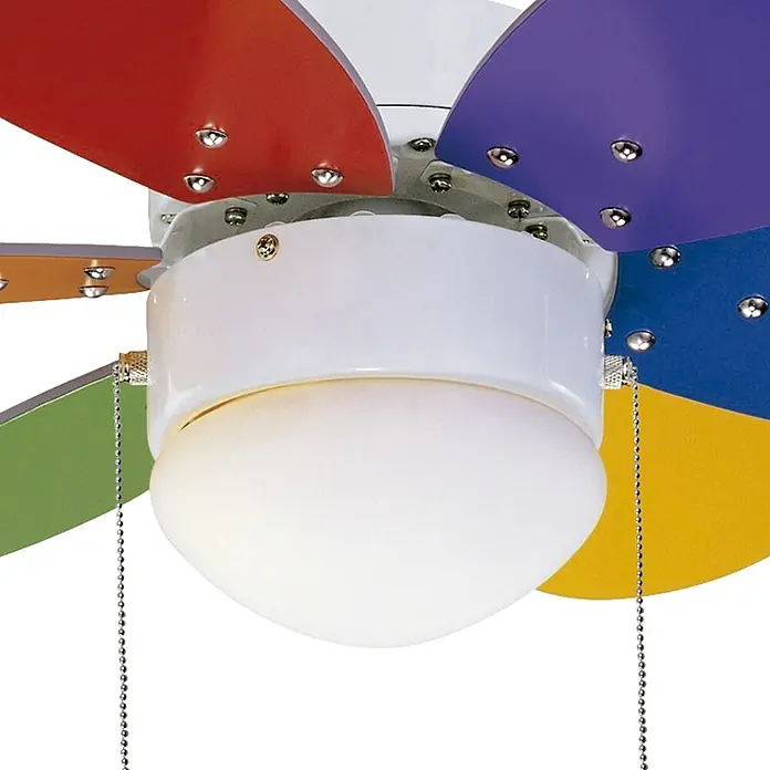 Sulion Ventilador de techo Rainbow - Multicolor, 76 cm, 40 W - Un ventilador de techo colorido con aspas multicolores y una luz blanca en el centro, ideal para iluminar la habitación de un niño.