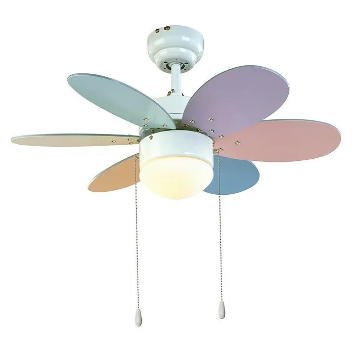 Sulion Ventilador de techo Rainbow - Multicolor, 76 cm, 40 W - Ventilador de techo con seis aspas de colores pastel y una luz blanca con cadenas.