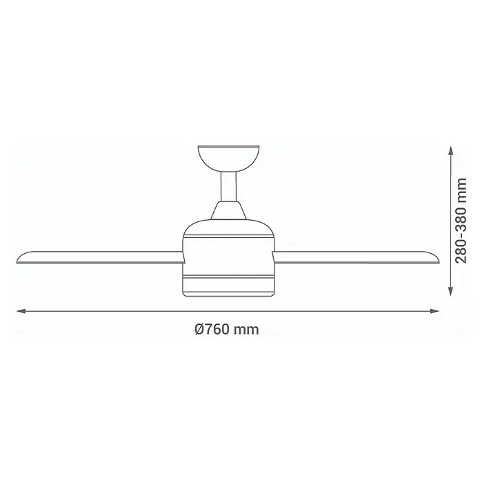 Sulion Ventilador de techo Lollipop - Multicolor pastel, 76 cm, 40 W - Diagrama detallado de un ventilador de techo que muestra la altura (280-380 mm) y el diámetro (Ø760 mm).