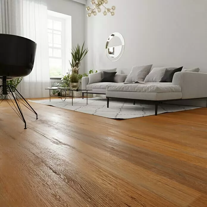 Parkett - Eiche Romeo, Landhausdiele, 2.200 x 260 x 15 mm - Warmer Holzboden mit ausgeprägter Maserung, als natürliche Basis für ein modernes Wohnzimmerinterieur.