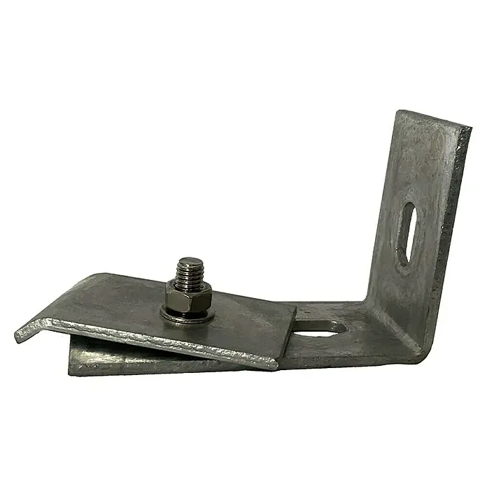 Eckverbinder - 10 x 6,5 cm - Nahaufnahme einer verzinkten Winkelhalterung mit Schraube und Mutter für verschiedene Befestigungsanwendungen.
