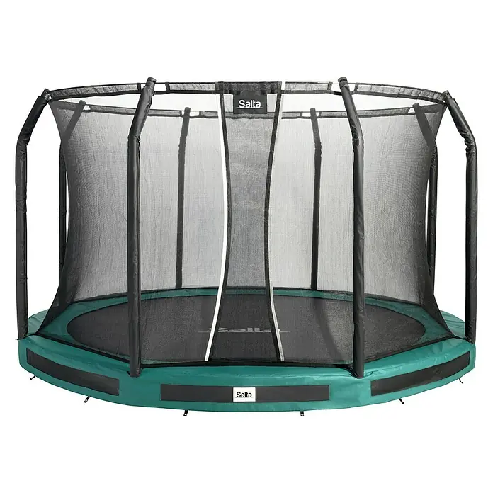 Salta Trampolin Premium Ground - Durchmesser: 251 cm, Grün - Hier ist ein Salta-Trampolin mit einem Sicherheitsnetz. Es hat eine grüne Umrandung und ein schwarzes Sprungtuch.