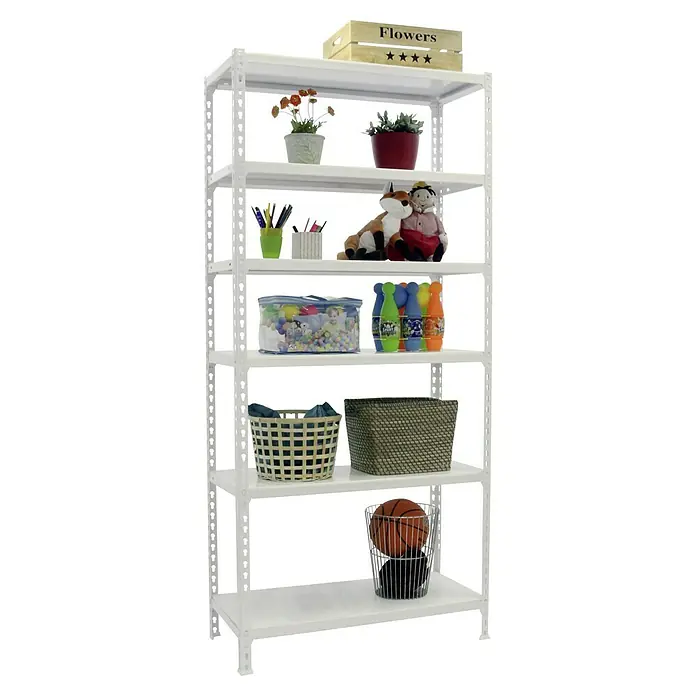 Simonrack Simonclick Metallregal Simonclick Mini - H x B x T: 250 x 80 x 40 cm, Traglast pro Boden: 180 kg, Anzahl Böden: 6 Stk., Stecken, Weiß/Weiß - Ein weißes Regal mit sieben Fächern, gefüllt mit verschiedenen Gegenständen wie Blumen, Spielzeug und Körben.