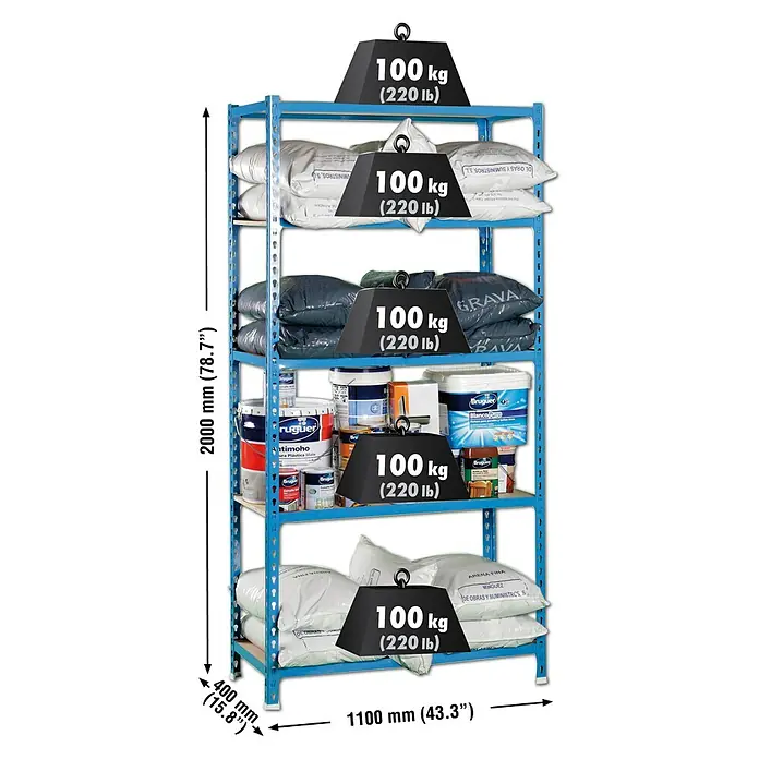 Simonrack Maderclick Metallregal Maderclick SuperPlus - H x B x T: 200 x 110 x 40 cm, Traglast pro Boden: 200 kg, Anzahl Böden: 5 Stk., Stecken, Blau - Bild eines blauen Metallregals mit fünf Ebenen, beladen mit Farbbehältern und Sandsäcken, wobei das Gewicht jeder Ebene durch schwarze Gewichte dargestellt wird.