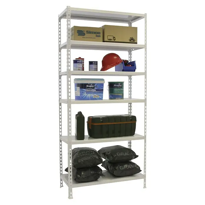 Simonrack Simonclick Metallregal Simonclick Plus - H x B x T: 250 x 100 x 40 cm, Traglast pro Boden: 180 kg, Anzahl Böden: 6 Stk., Stecken, Weiß/Weiß - Ein weißes Metallregal mit fünf Regalböden, beladen mit verschiedenen Gegenständen wie Farbeimern, Werkzeugkisten und Sandsäcken.