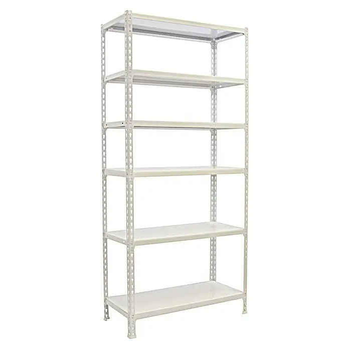 Simonrack Simonclick Metallregal Simonclick Plus - H x B x T: 250 x 100 x 40 cm, Traglast pro Boden: 180 kg, Anzahl Böden: 6 Stk., Stecken, Weiß/Weiß - Bild eines weißen Lagerregals mit sechs Ablagen. Das Regal ist stabil und bietet viel Stauraum für verschiedene Gegenstände.