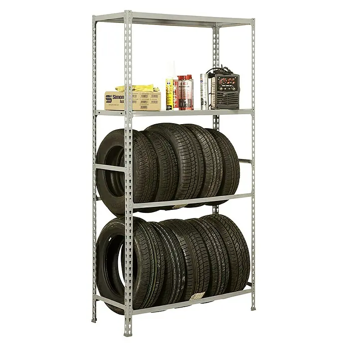 Simonrack Simonauto Reifenregal Simongarage Plus - H x B x T: 200 x 100 x 40 cm, Traglast pro Träger: 200 kg, Anzahl Böden: 2 Stk., Stecken, Grau - Ein graues Metallregal mit drei Ebenen, das mit Reifen, Werkzeugen und anderem Zubehör beladen ist.