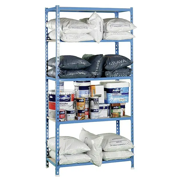Simonrack Maderclick Metallregal Maderclick Plus - H x B x T: 200 x 100 x 30 cm, Traglast pro Boden: 150 kg, Anzahl Böden: 5 Stk., Stecken, Blau - Ein Regal voller Farbdosen und Säcke mit Sand und Kies, ideal für Bauprojekte und Renovierungsarbeiten.