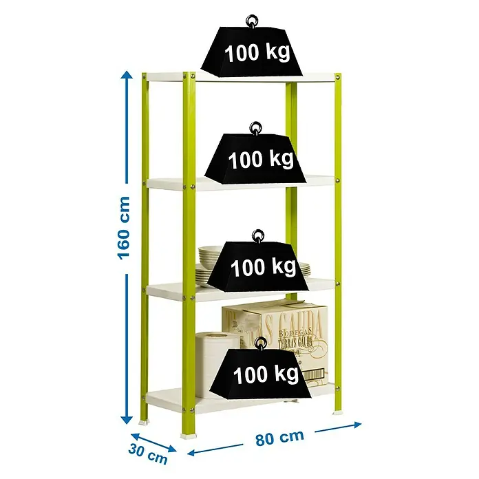 Simonrack Simonhome Metallregal Classic Mini - H x B x T: 160 x 80 x 30 cm, Traglast pro Boden: 100 kg, Anzahl Böden: 4 Stk., Schrauben, Grün/Weiß - Abbildung eines belastbaren Regals mit vier Ebenen, das jeweils mit einem Gewicht von 100 kg belastet ist und seine Stabilität demonstriert.