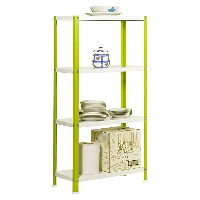 Simonrack Simonhome Metallregal Classic Mini - H x B x T: 160 x 80 x 30 cm, Traglast pro Boden: 100 kg, Anzahl Böden: 4 Stk., Schrauben, Grün/Weiß - Ein Regal mit vier Ablagen, gefüllt mit Geschirr, einer Dose und einer Weinkiste. Perfekt für die Küchenaufbewahrung.