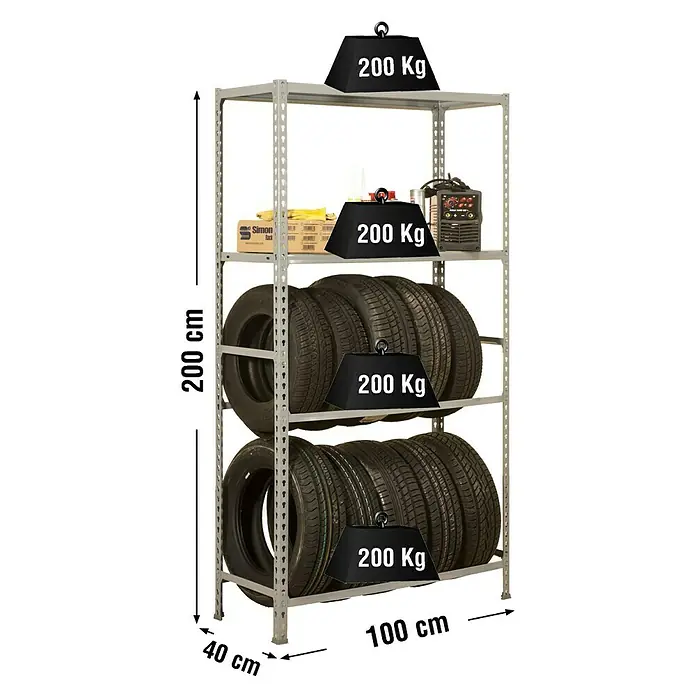 Simonrack Simonauto Reifenregal Simongarage Plus - H x B x T: 200 x 100 x 40 cm, Traglast pro Träger: 200 kg, Anzahl Böden: 2 Stk., Stecken, Grau - Ein Regal mit vier Ebenen, beladen mit Reifen und Werkzeugen, wobei jede Ebene zusätzlich mit 200 kg Gewicht belastet ist.
