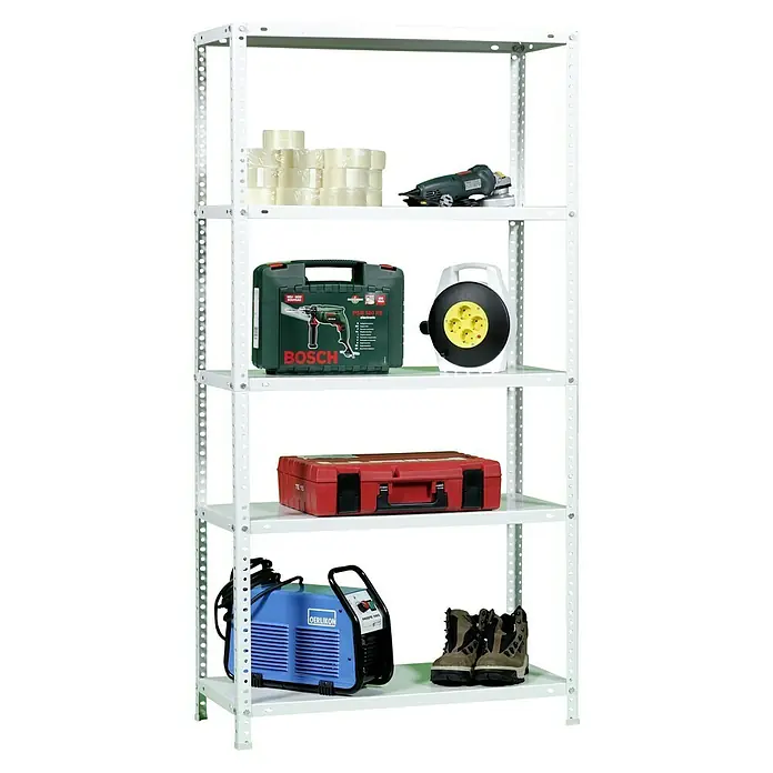 Simonrack Simonclassic Metallregal Comfort Mini - H x B x T: 180 x 80 x 30 cm, Traglast pro Boden: 100 kg, Anzahl Böden: 5 Stk., Schrauben, Weiß - Werkzeugregal mit verschiedenen Werkzeugen und Zubehör auf den Regalböden, darunter eine Bohrmaschine und eine Kabeltrommel.